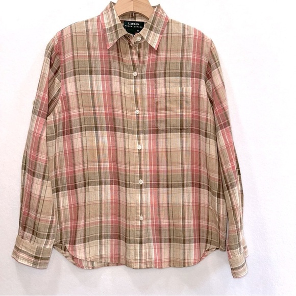 Lauren Ralph Lauren Linen Pink Brown Plaid Button Front Roll Tab Top MED - Picture 1 of 4